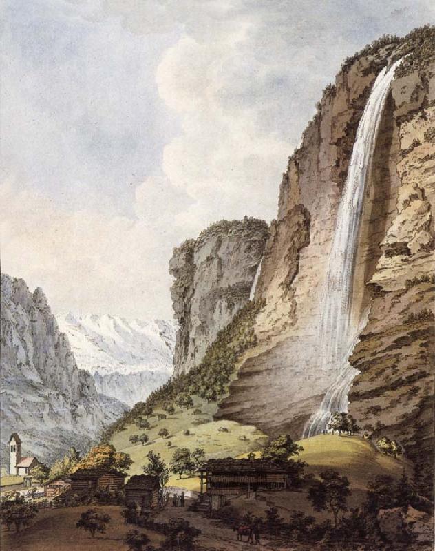 Johann Ludwig Aberli Fall d-eau apellee Staubbach in the Vallee Louterbrunen